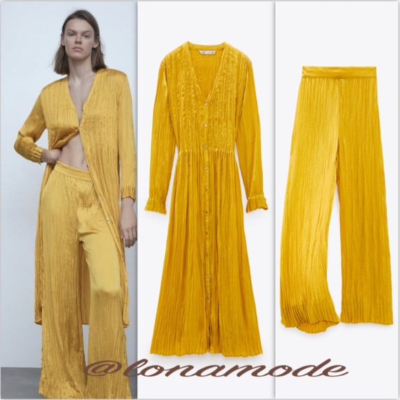 “set” Zara Mustard Wrinkle Look Dress /Pants NWT - Picture 9 of 16